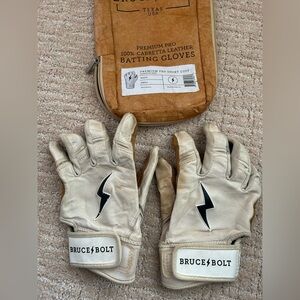 Bruce Bolt Leather Batting Gloves - White with Black Bolt- short cuff size small